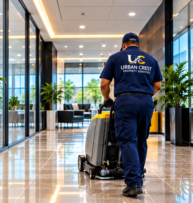 Urban Crest property services professional cleaning a modern commercial lobby