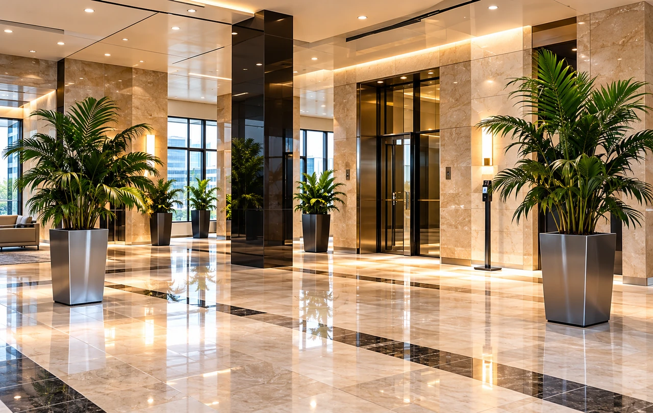 Clean commercial facility lobby with polished floors and indoor plants